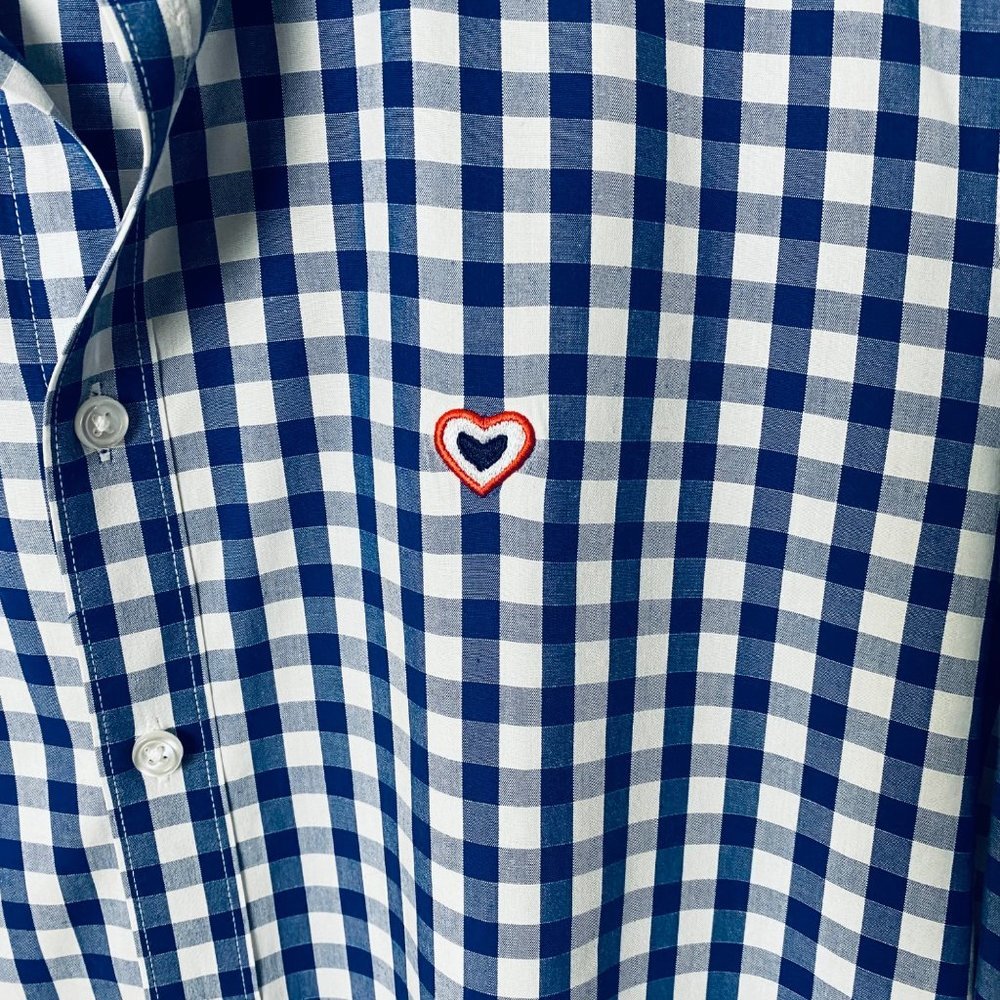 Men L Blue White Gingham Check Organic Cotton Button Down Heart Accent‎ Shirt - Picture 2 of 8